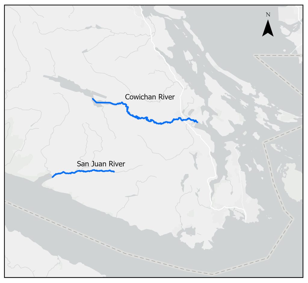 Areas of interest on Southern Vancouver Island: Cowichan River and San Juan River.